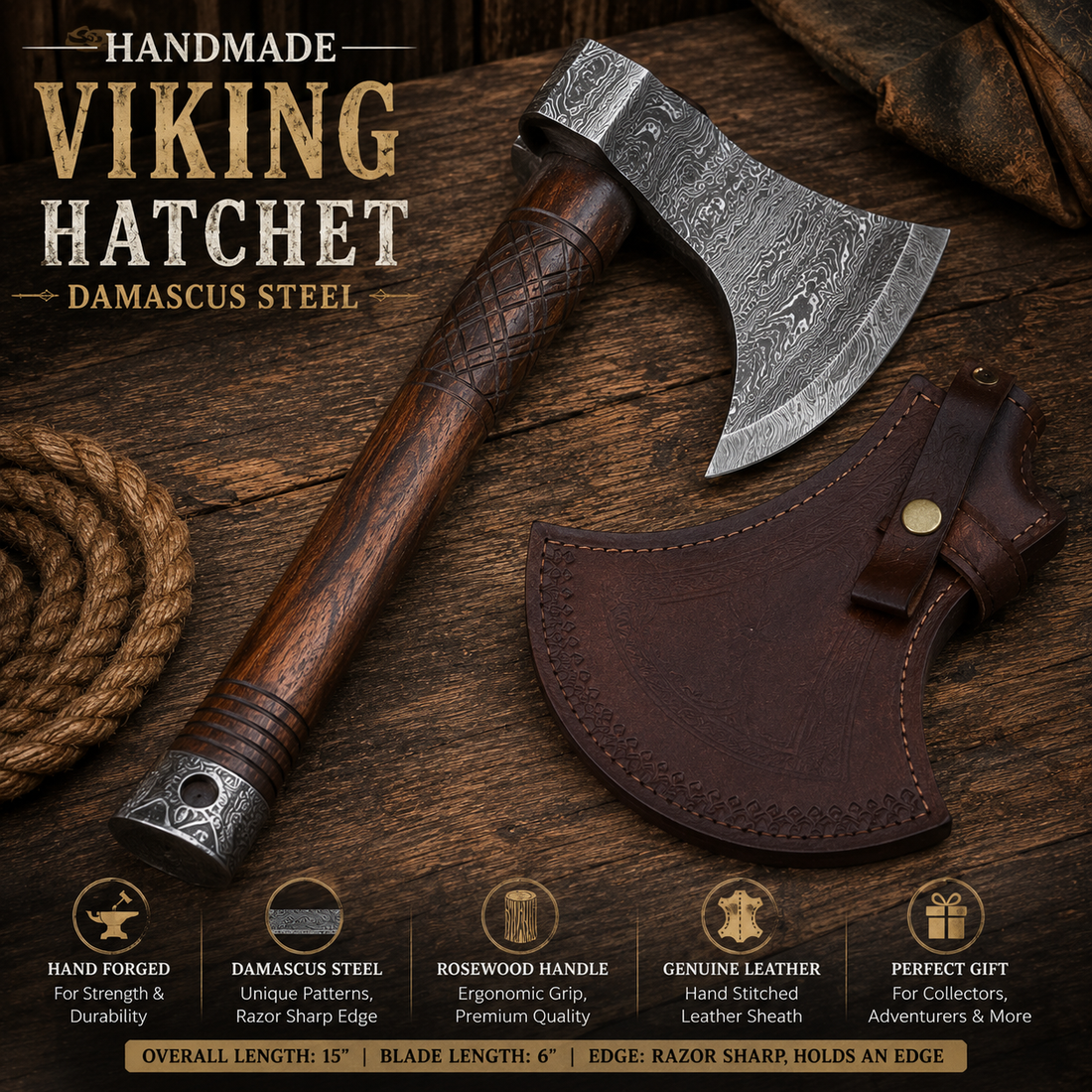 Handmade Damascus Steel Viking Hatchet with Rosewood Handle and Leather Sheath on Rustic Wooden Table