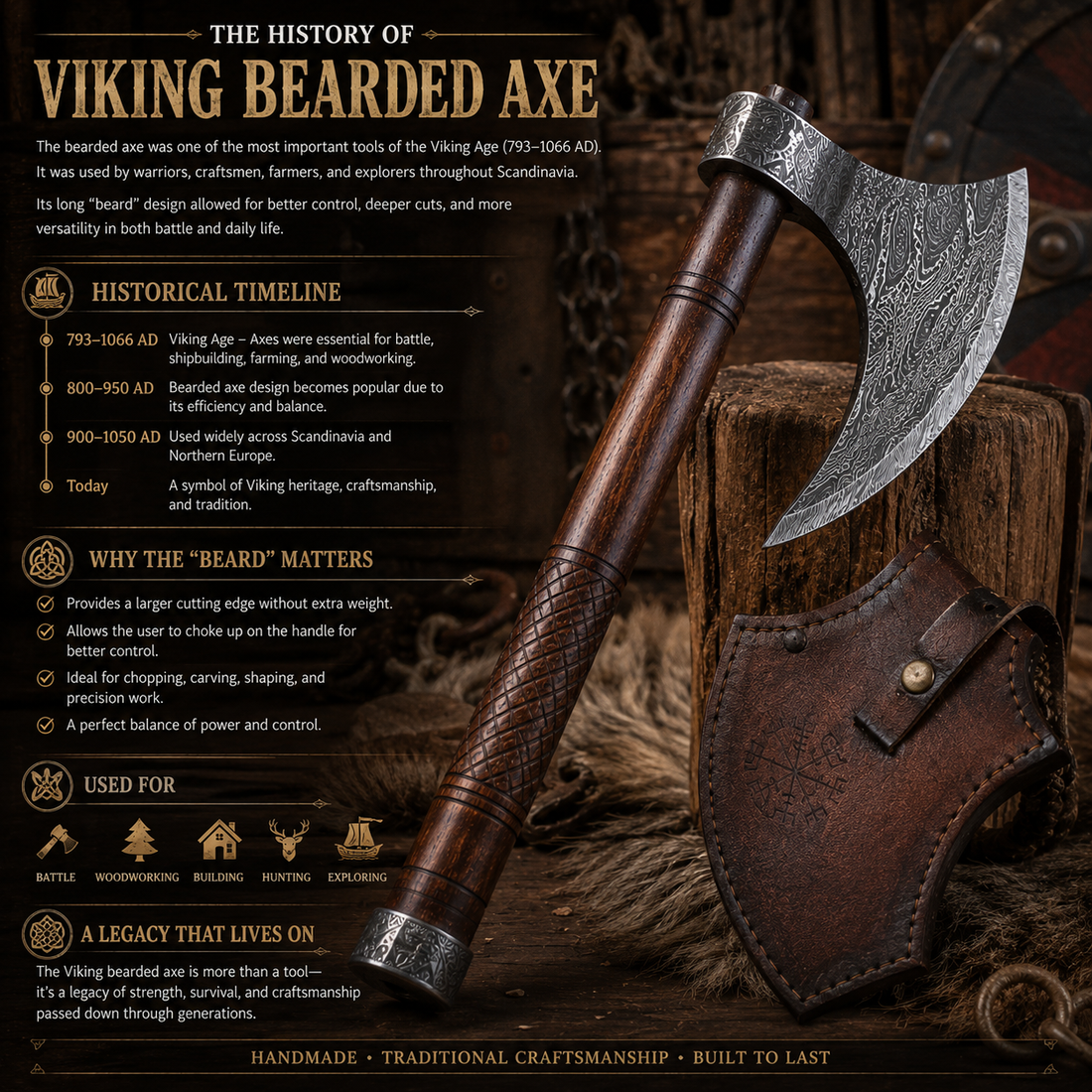 Handmade Damascus Steel Viking Bearded Axe with Rosewood Handle and Leather Sheath on Rustic Wooden Background
