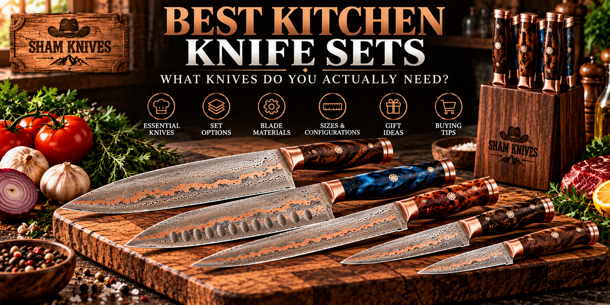 Best kitchen knife sets buying guide featuring handmade Copper Damascus chef knives, essential kitchen knives, blade materials, sizes, and buying tips by SHAM KNIVES.