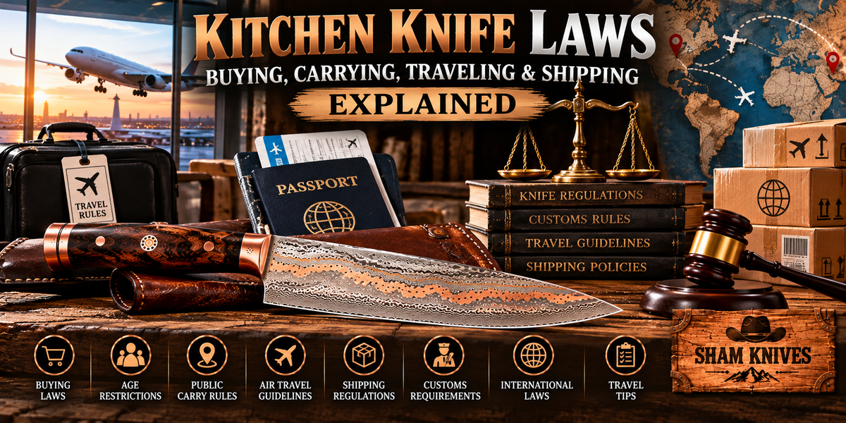 Kitchen knife laws guide featuring a Copper Damascus chef knife, passport, airplane, shipping boxes and legal symbols, explaining buying, carrying, traveling, customs and international shipping regulations by SHAM KNIVES.