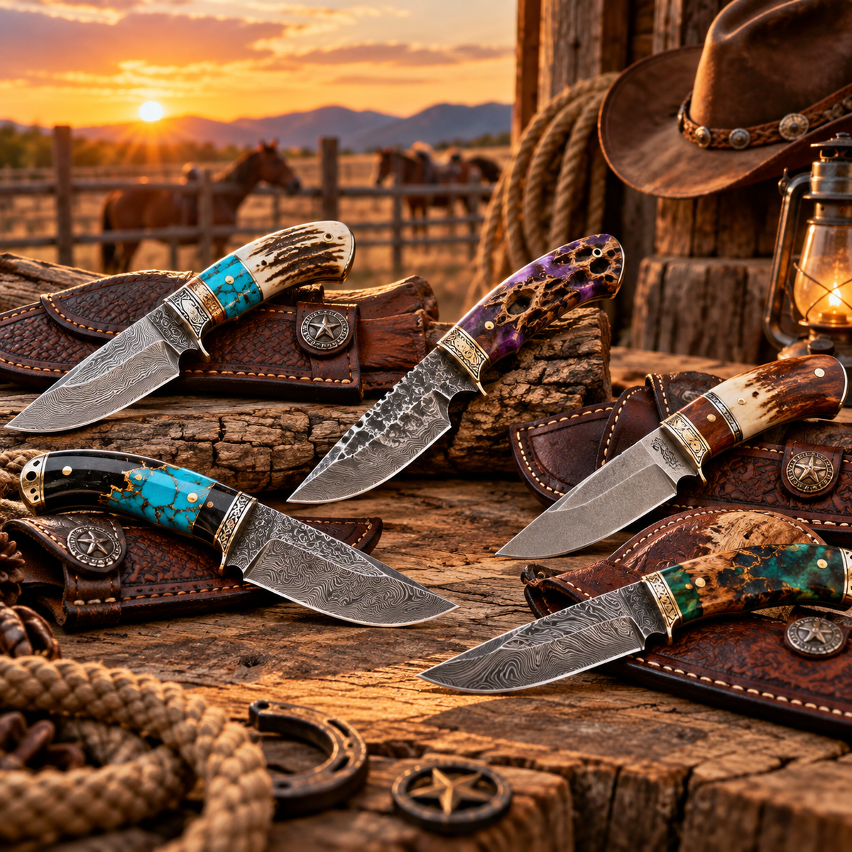 Handmade cowboy knives featuring Damascus, D2 and rasp steel blades with Western-style handles and leather sheaths displayed on a rustic wooden ranch table.