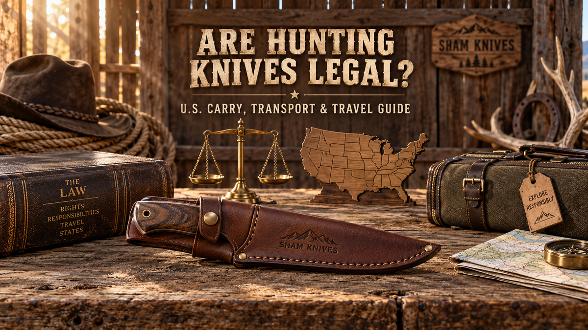 Sheathed hunting knife displayed with legal scales, a U.S. map and travel equipment inside a rustic SHAM KNIVES barn.