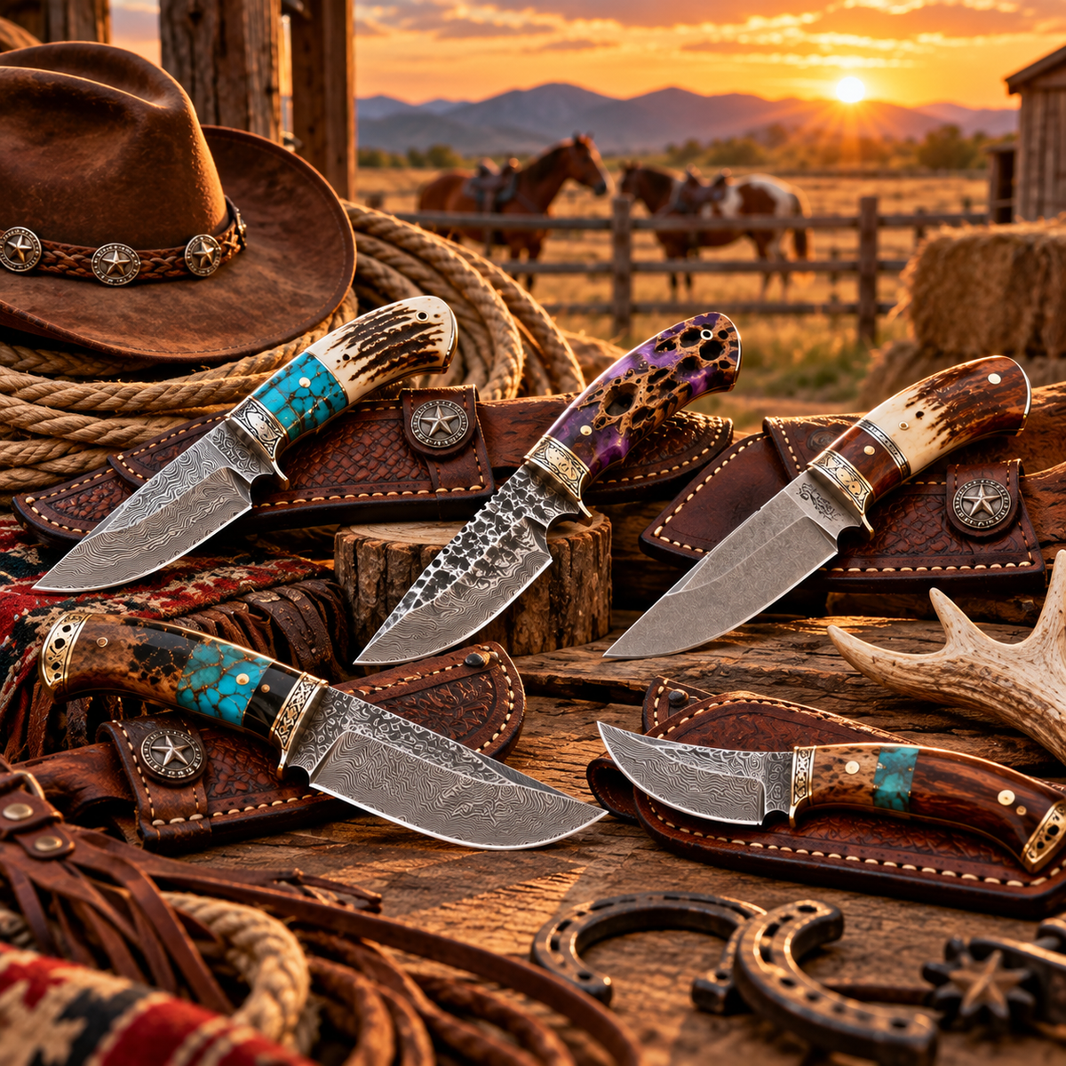 Handmade Western cowboy knives featuring Damascus, rasp steel and D2 blades with antler, bone and turquoise handles