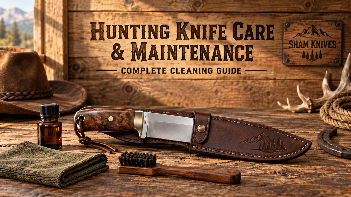 Hunting knife, leather sheath, maintenance oil and cleaning tools displayed on a rustic SHAM KNIVES wooden table.