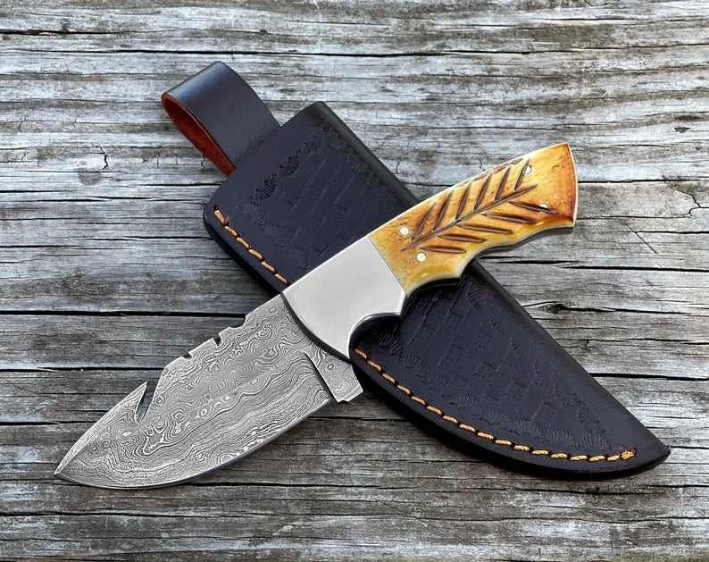 Handmade Hunting Knife, Damascus Steel Fixed Blade Knife Carved Burnt Camel Bone Handle