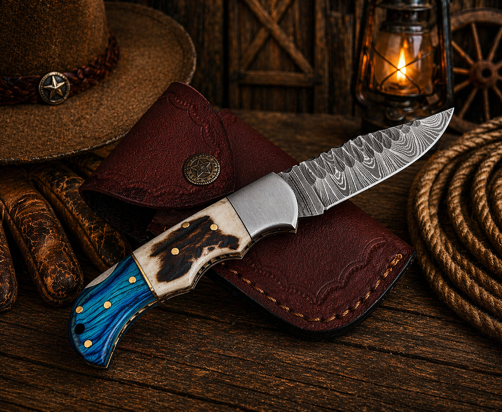 hand forged damascus pocket knife blue pakka wood handle