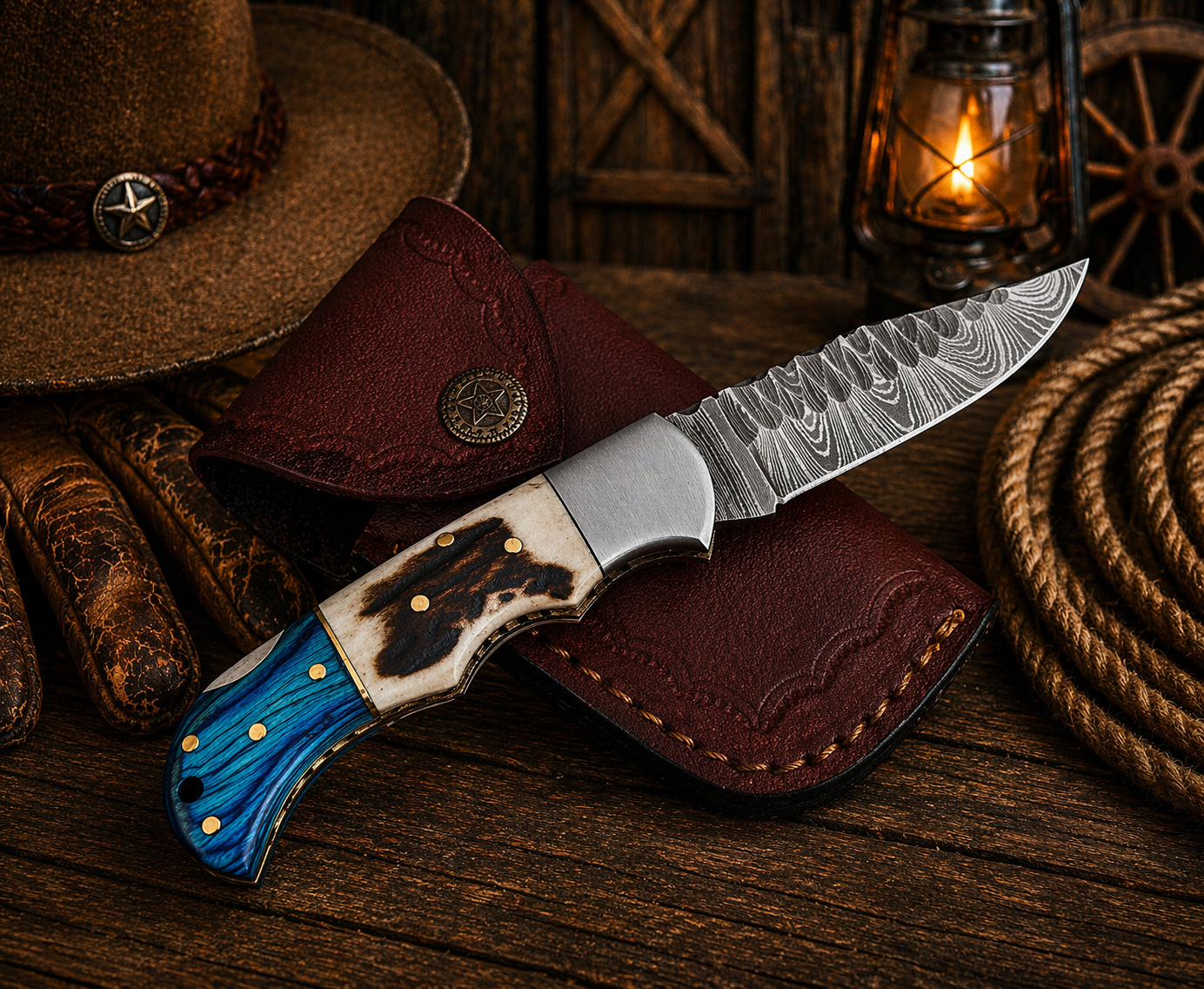 hand forged damascus pocket knife blue pakka wood handle
