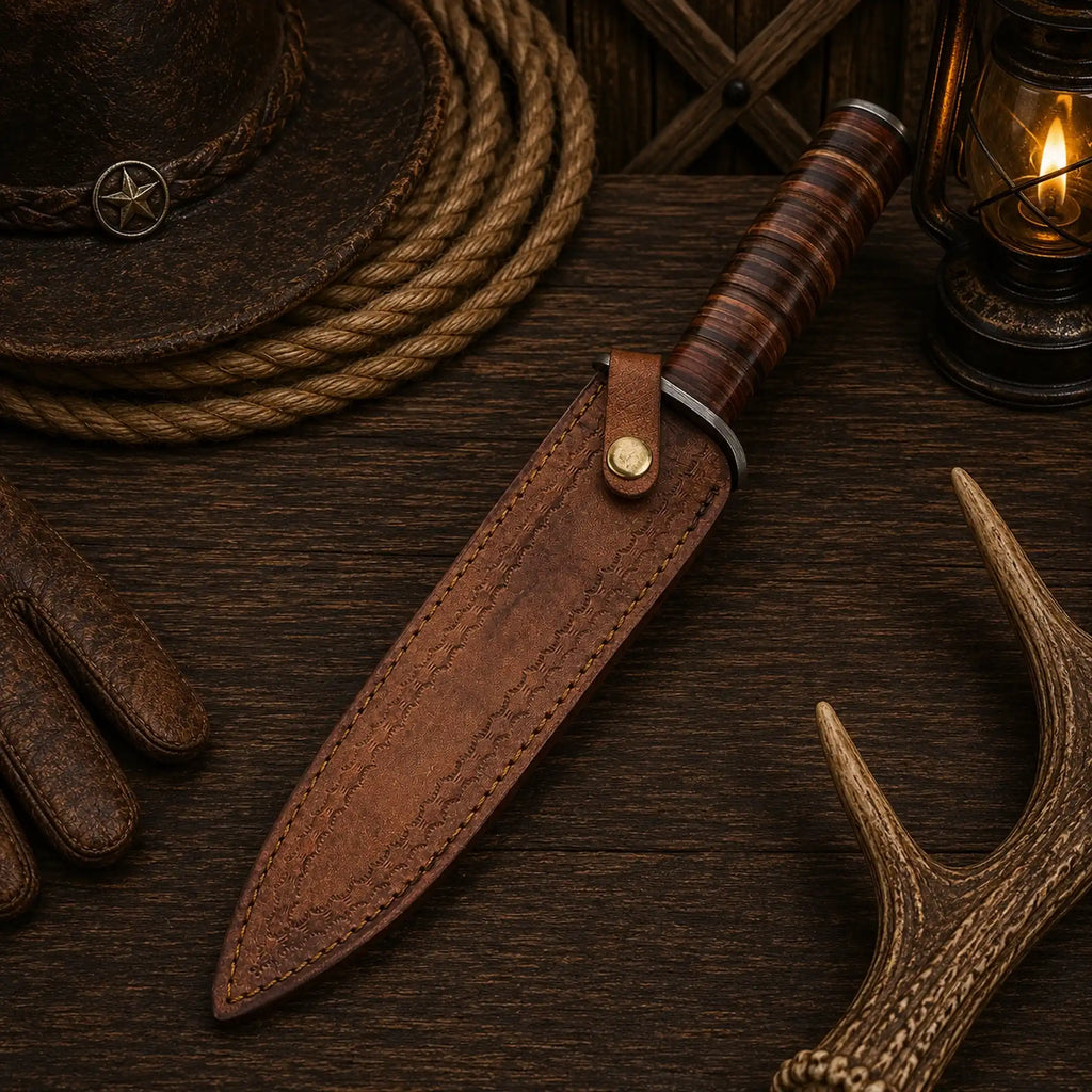 Heritage fixed-blade knife with curved guard and leather grip