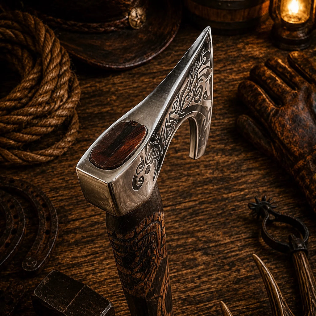 OTHALA Norse axe with Vegvisir inspired carved ash wood handle