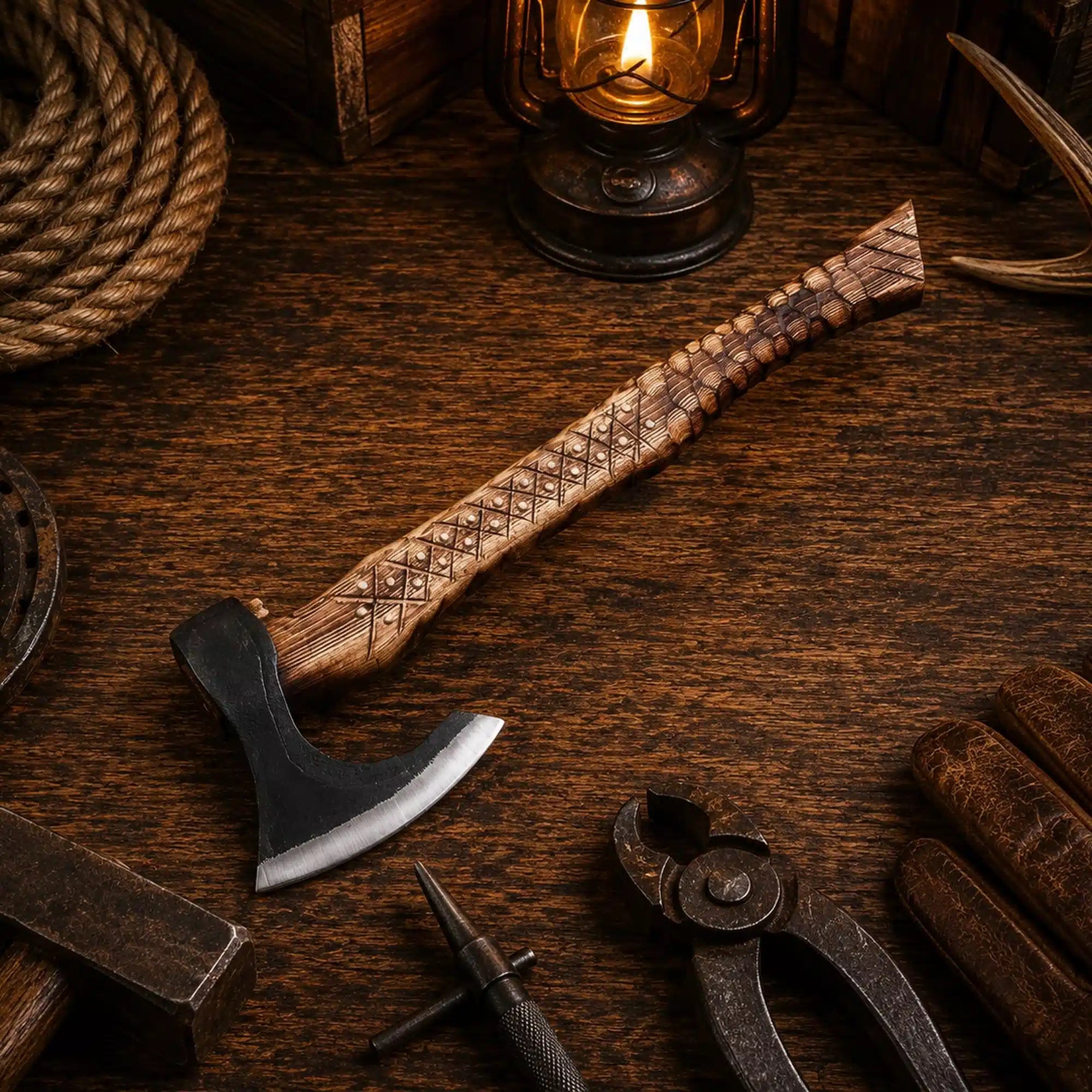 1075 carbon steel forest axe with geometric carved wood handle