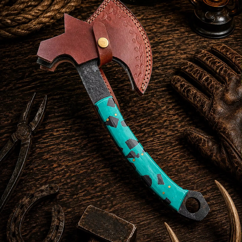 1095 carbon steel tomahawk with turquoise epoxy resin handle