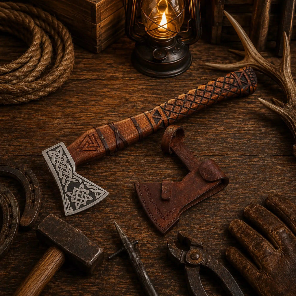 1095 carbon steel Viking axe with Norse engraved ash wood handle