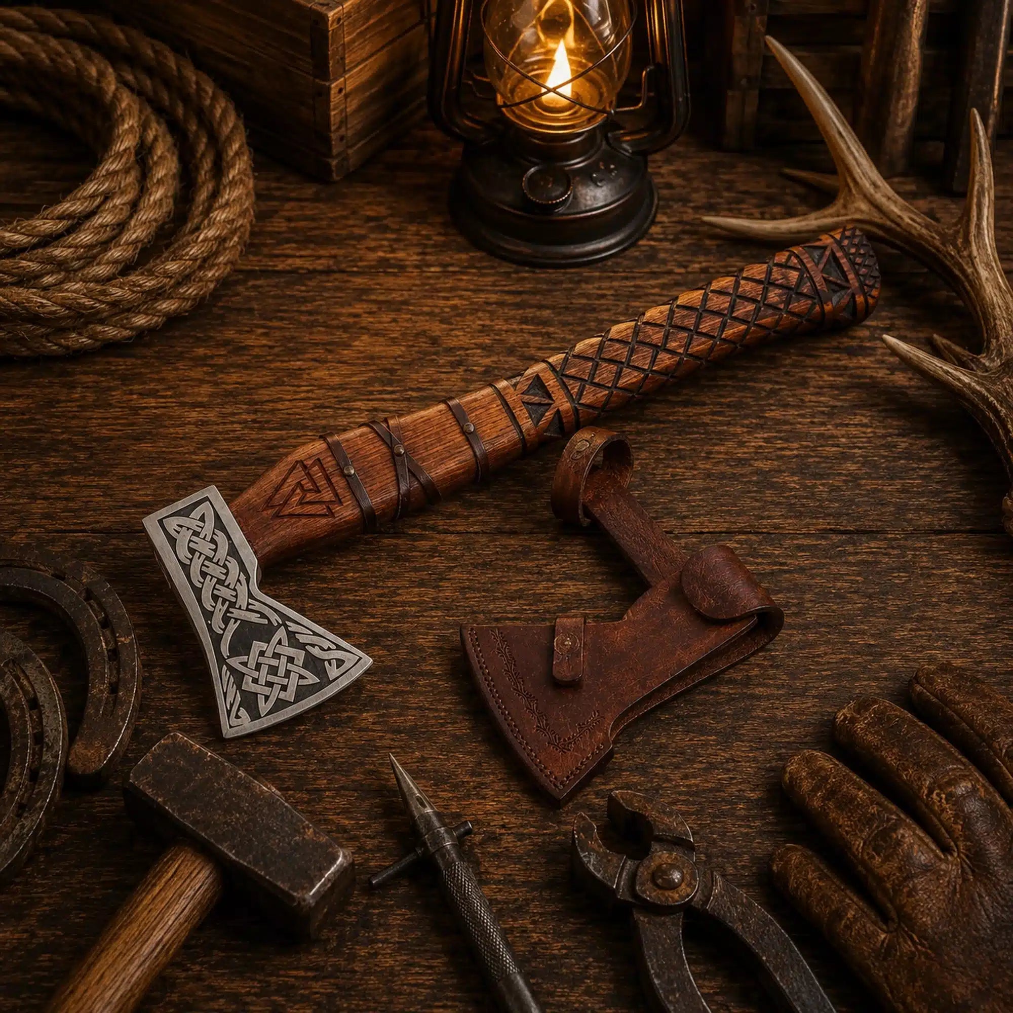 1095 carbon steel Viking axe with Norse engraved ash wood handle