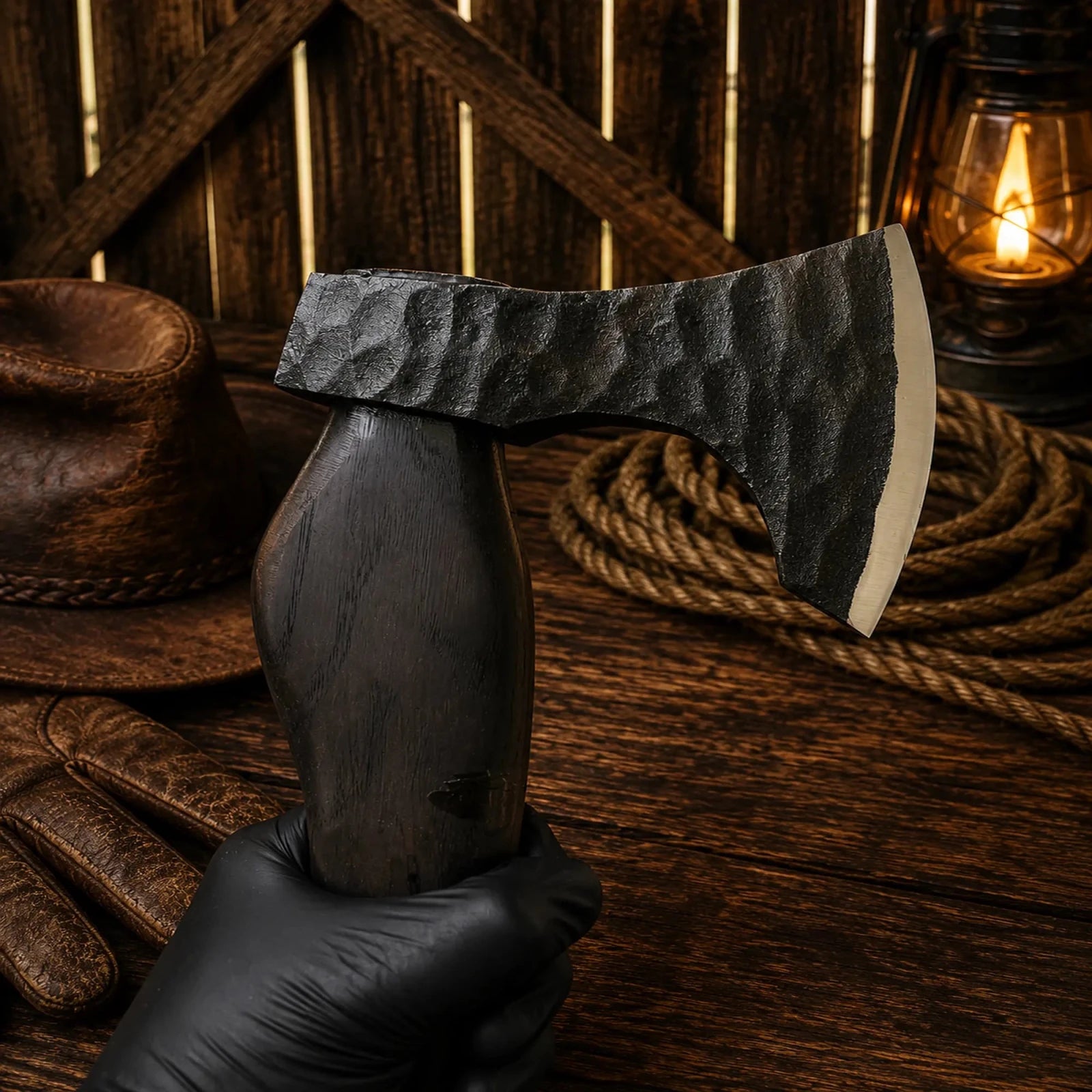 1095 High Carbon Steel Axe with Black Ash Wood Handle - SHAM KNIVESCamping AxeSHAM KNIVESClose-up of forged steel axe head