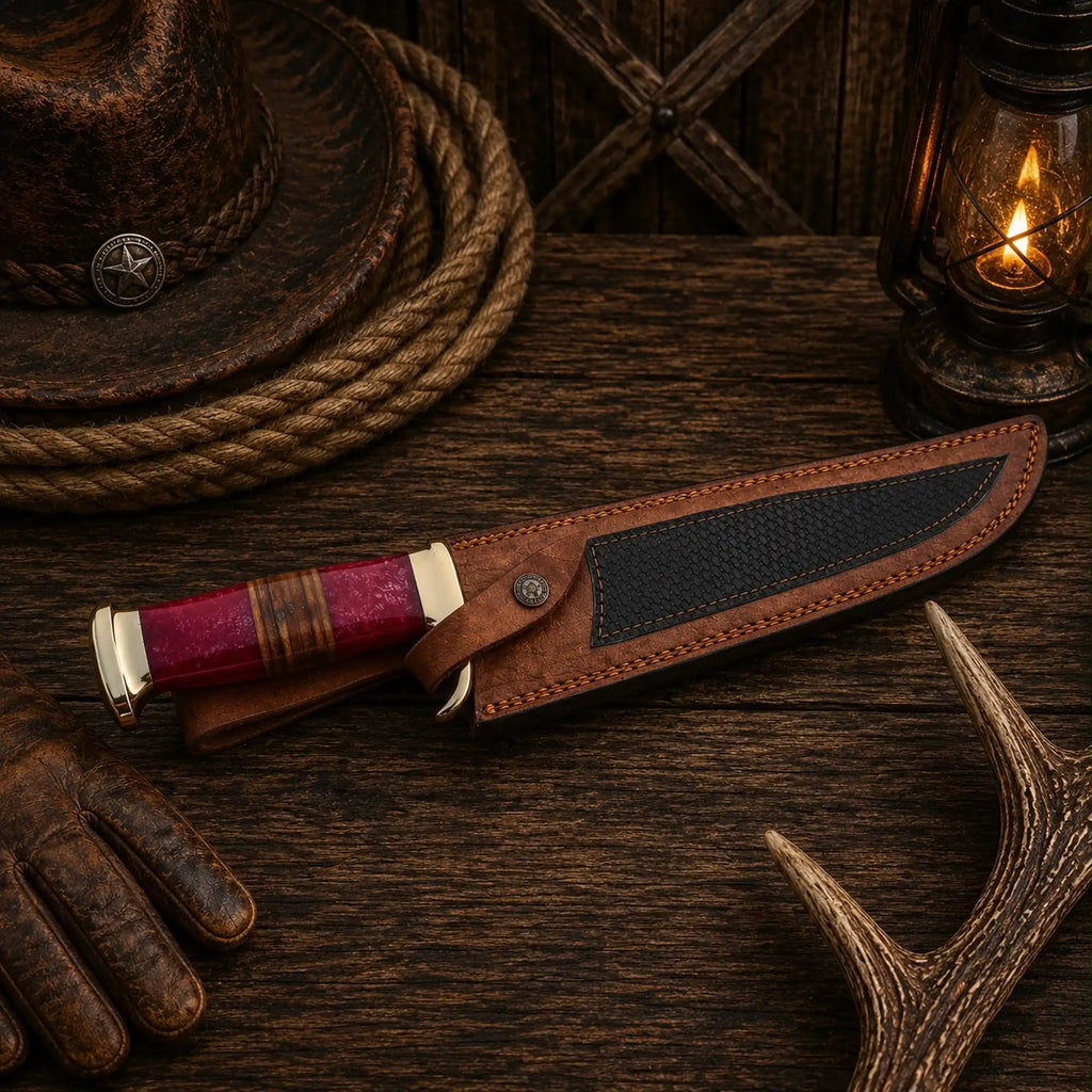 Large clip-point Bowie knife with brass-colored guard and pommel