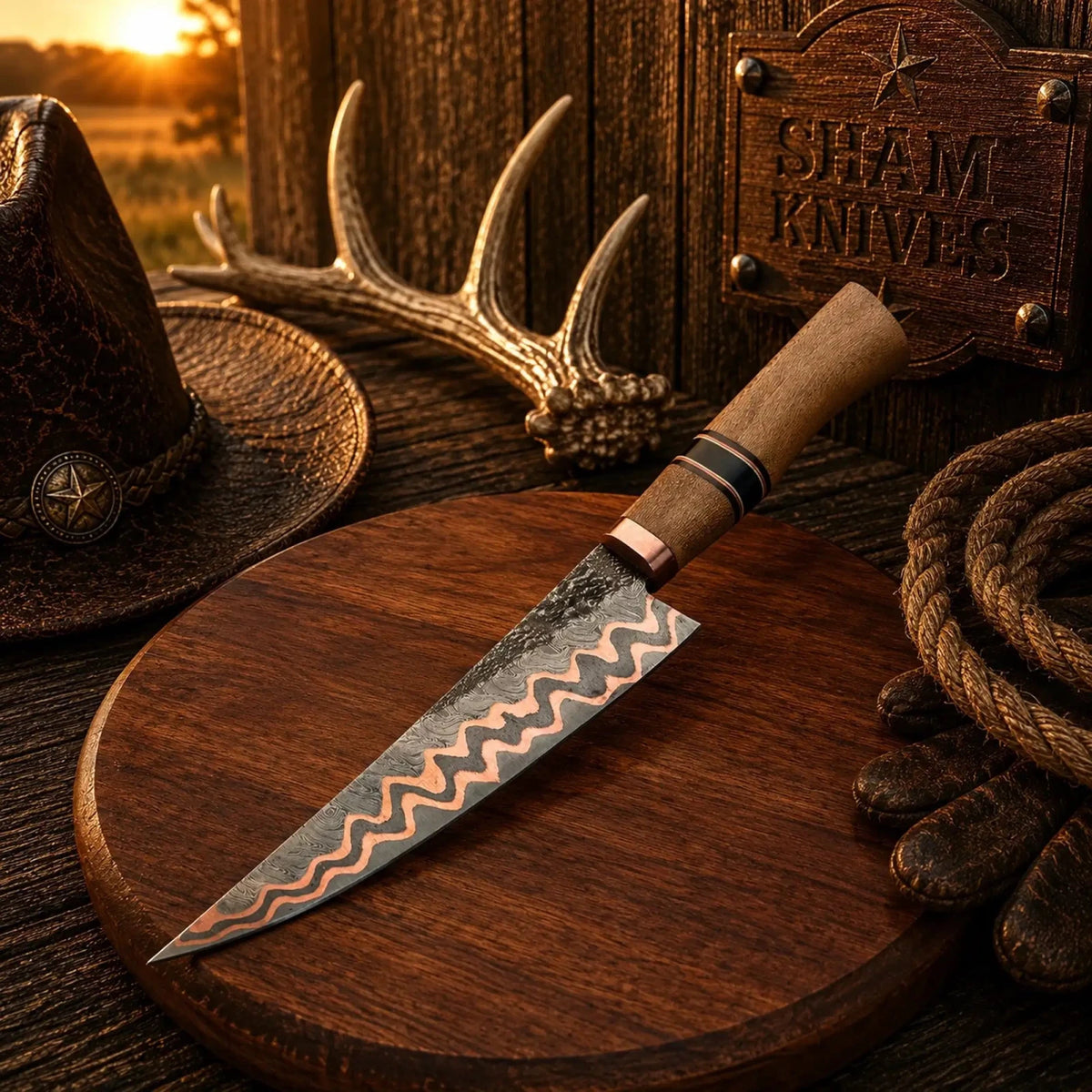 12.5″ Double-Layer Copper Damascus Chef Knife – Lacewood Handle - SHAM KNIVESCopper Damascus Chef knifeSHAM KNIVESCopper Damascus chef knife with contoured lacewood handle