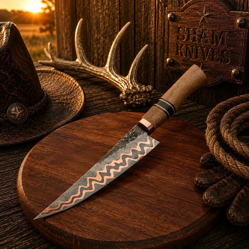 12.5″ Double-Layer Copper Damascus Chef Knife – Lacewood Handle - SHAM KNIVESCopper Damascus Chef knifeSHAM KNIVESCopper Damascus chef knife with contoured lacewood handle