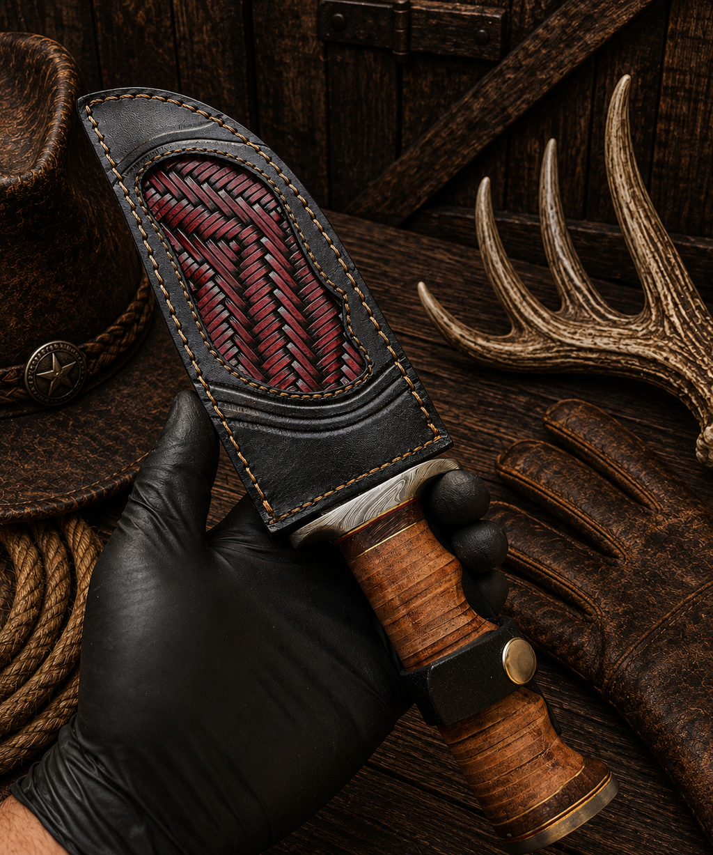 Western Damascus Bowie knife with compressed leather grip and guard