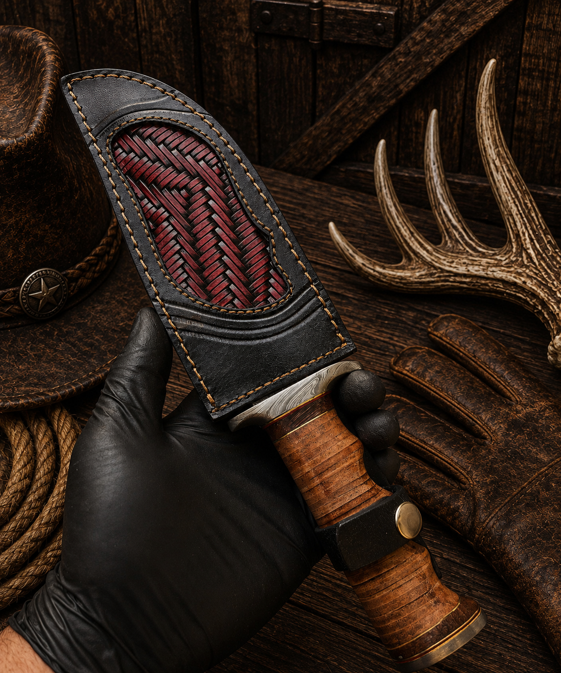 Western Damascus Bowie knife with compressed leather grip and guard