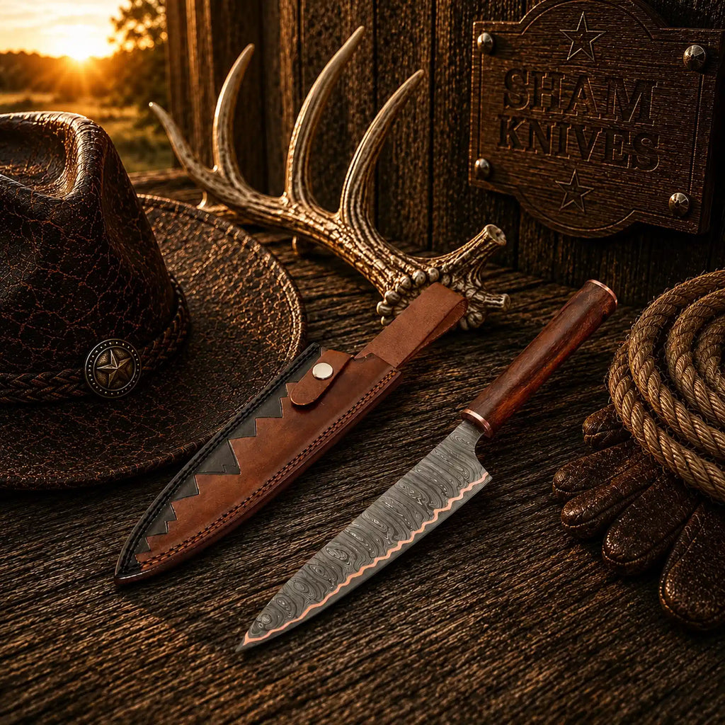 13.5-inch Copper Damascus chef knife with rosewood handle