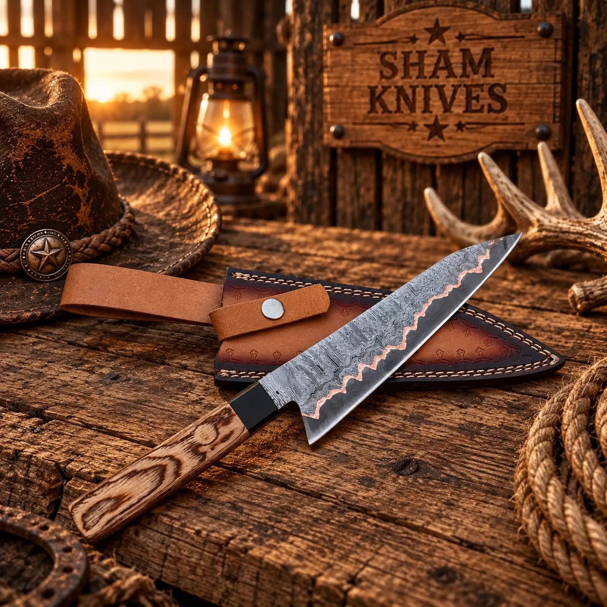 13″ Exotic Wood Handle Copper Damascus Kitchen Chef Knife - SHAM KNIVESCopper Damascus Chef knifeSHAM KNIVES13-inch Copper Damascus kitchen chef knife