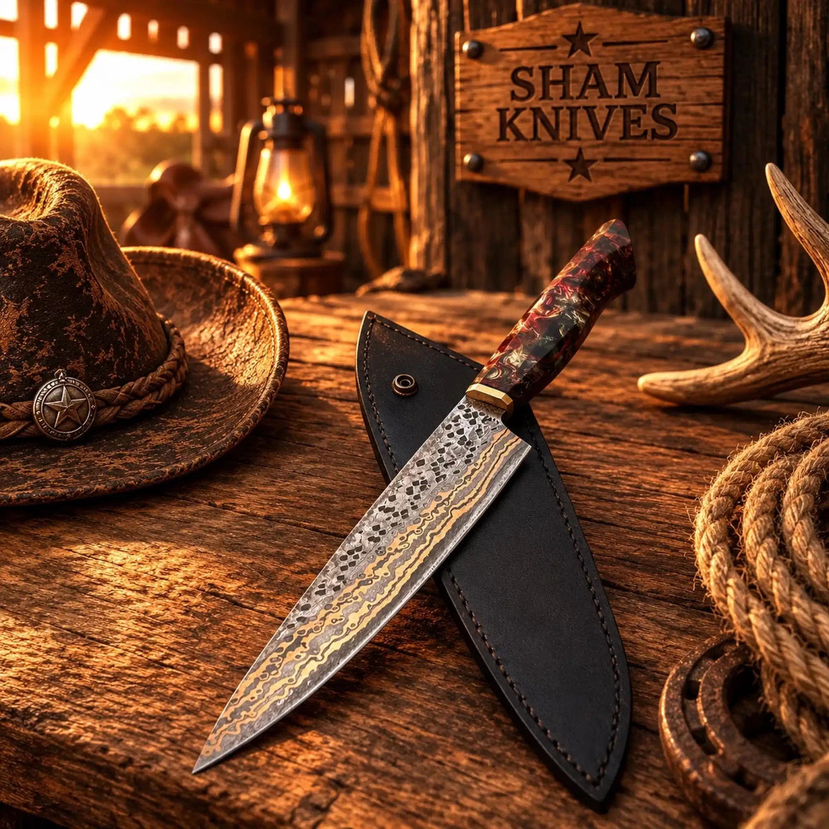 13” Hand Forged Copper Damascus Gyuto Chef Knife Resin Handle & Copper Bolster - SHAM KNIVESCopper Damascus Chef knifeSHAM KNIVES13-inch hand forged Copper Damascus Gyuto chef knife