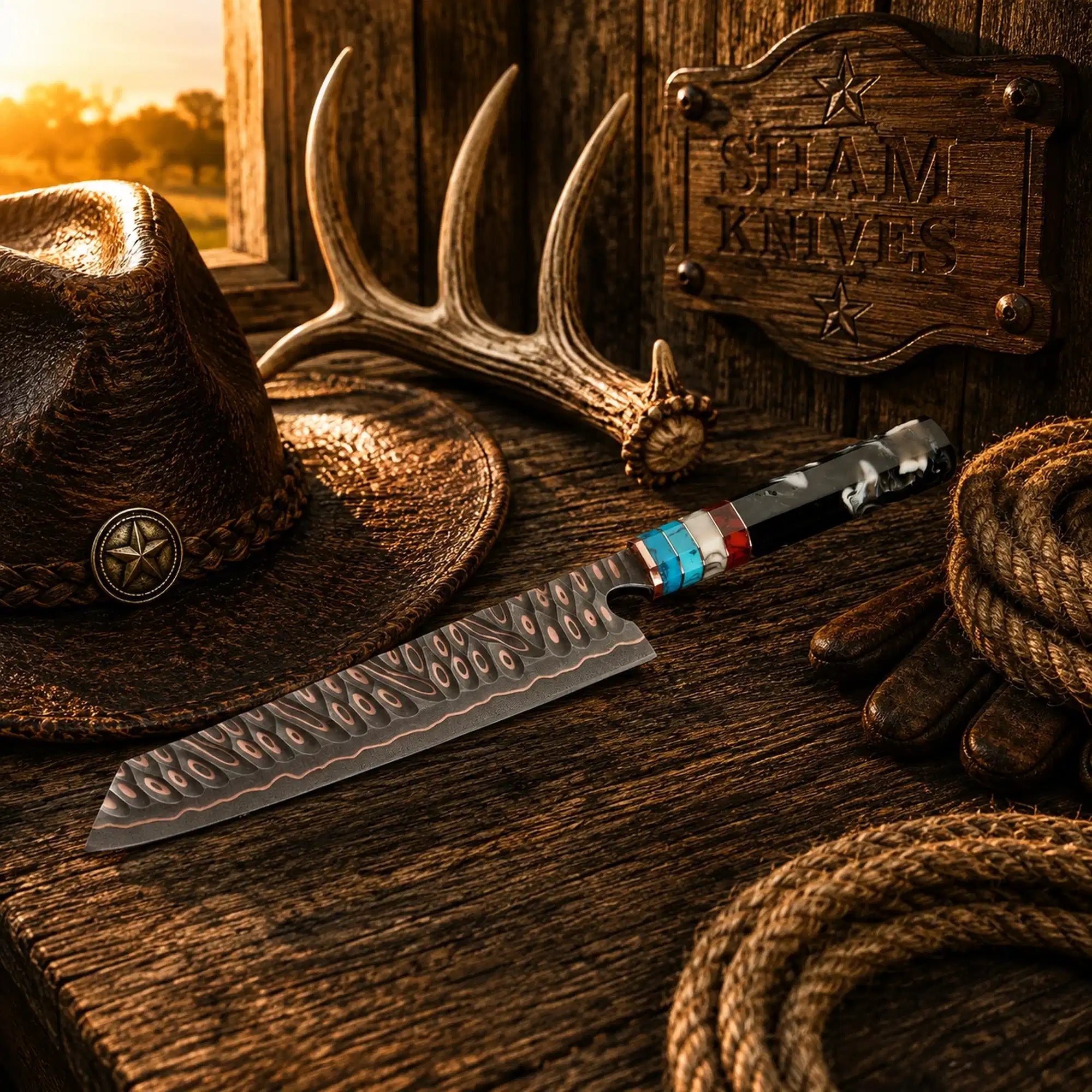 13-inch Cu-Mai copper Damascus chef knife with octagonal resin handle