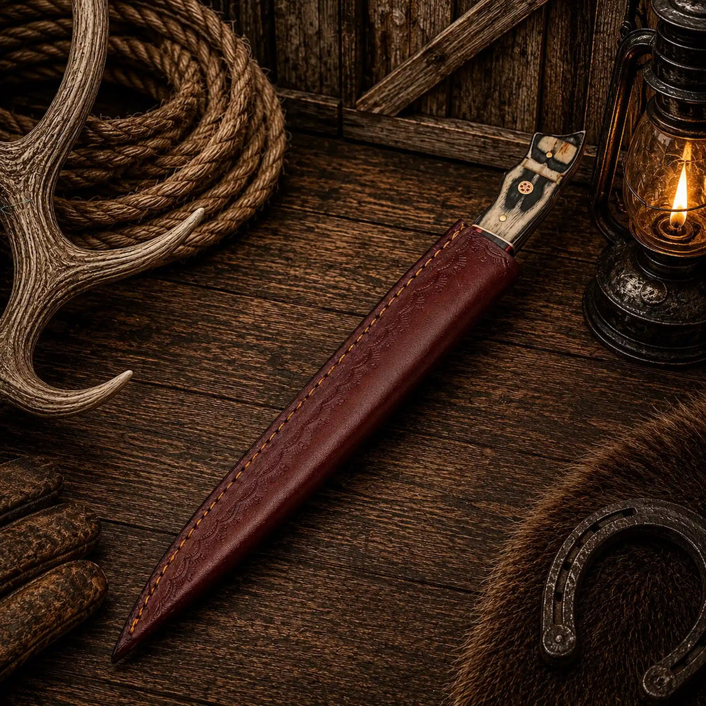 D2 steel fishing knife with sculpted multi-tone wood handle