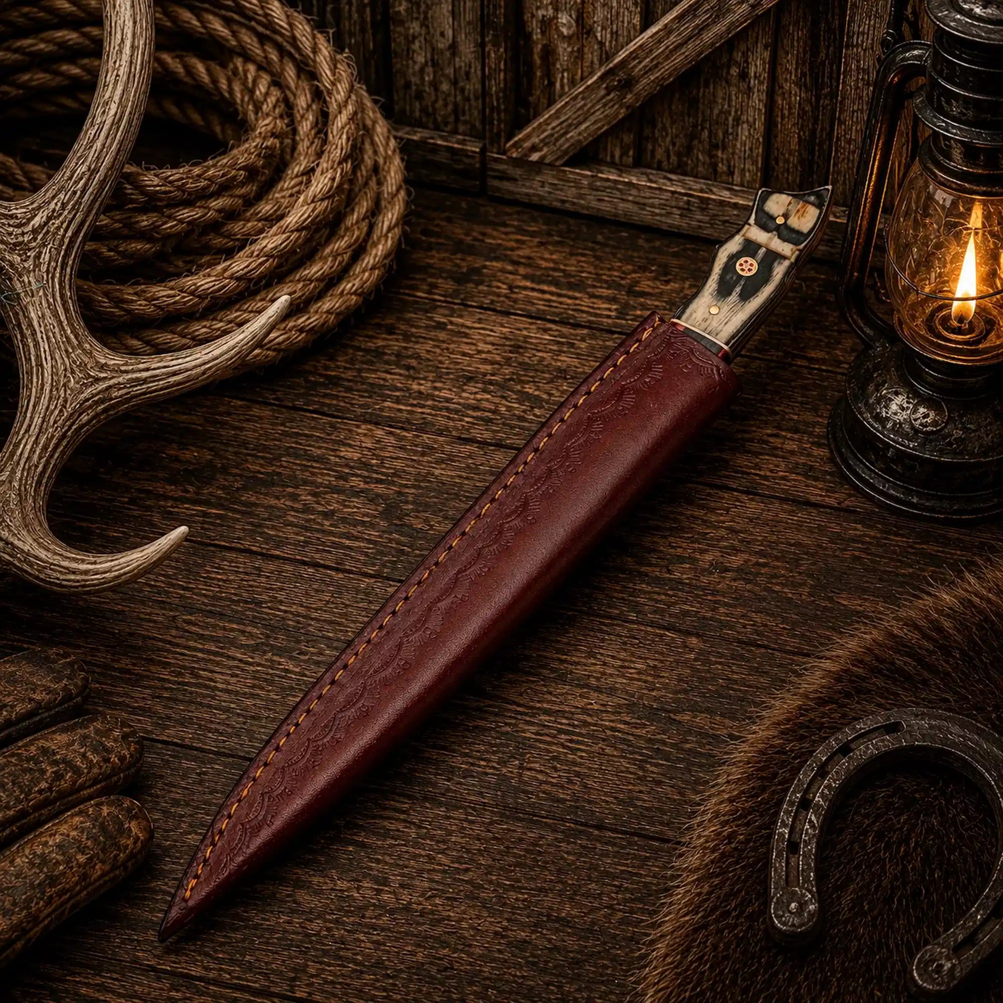 D2 steel fishing knife with sculpted multi-tone wood handle
