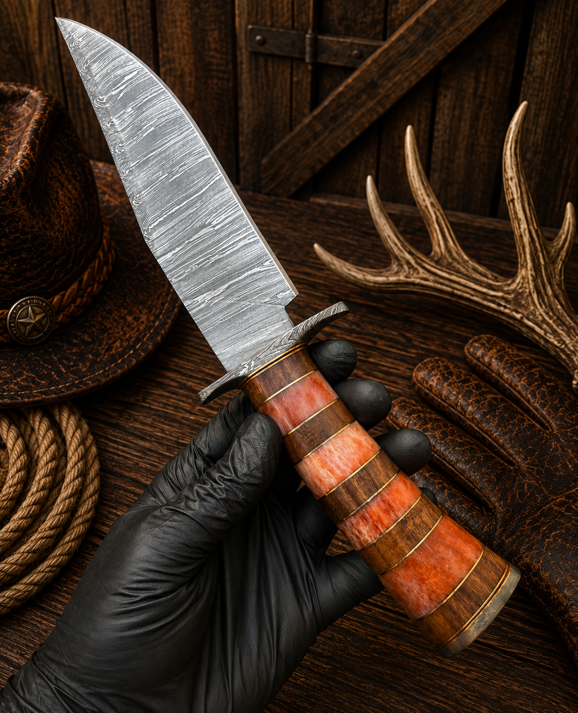 13-inch Damascus Bowie knife with an 8-inch patterned steel blade