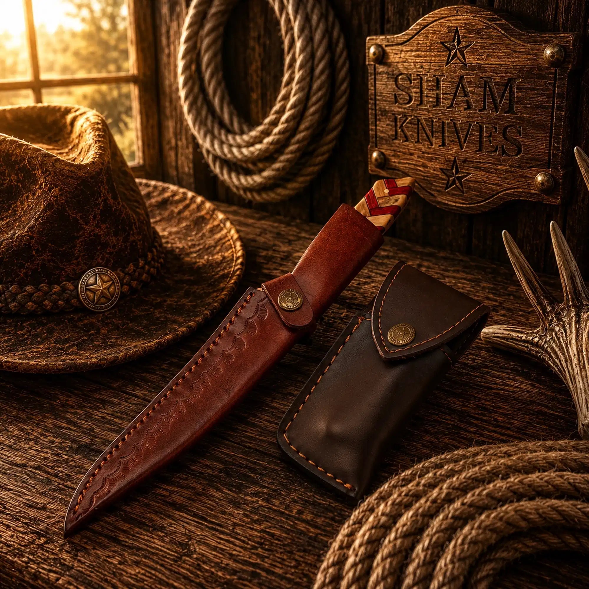 Fishing knife set with Damascus steel blades and red exotic wood handles