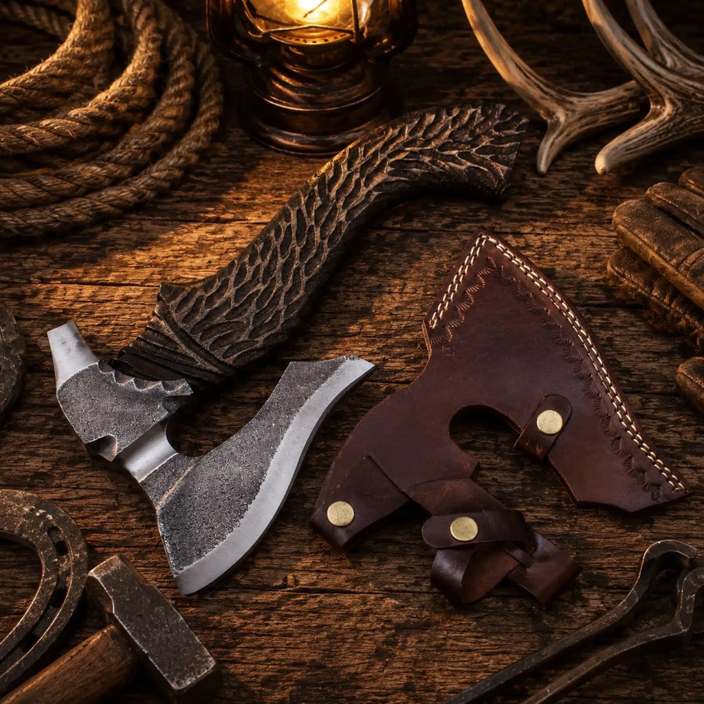 13 inch hand forged carbon steel Viking tomahawk axe with jigged ashwood handle
