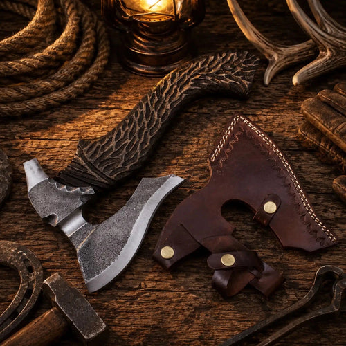 13 inch hand forged carbon steel Viking tomahawk axe with jigged ashwood handle
