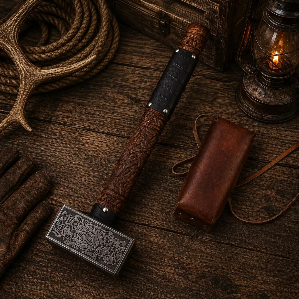 Norse mythology hammer featuring Nordic knotwork and leather grip