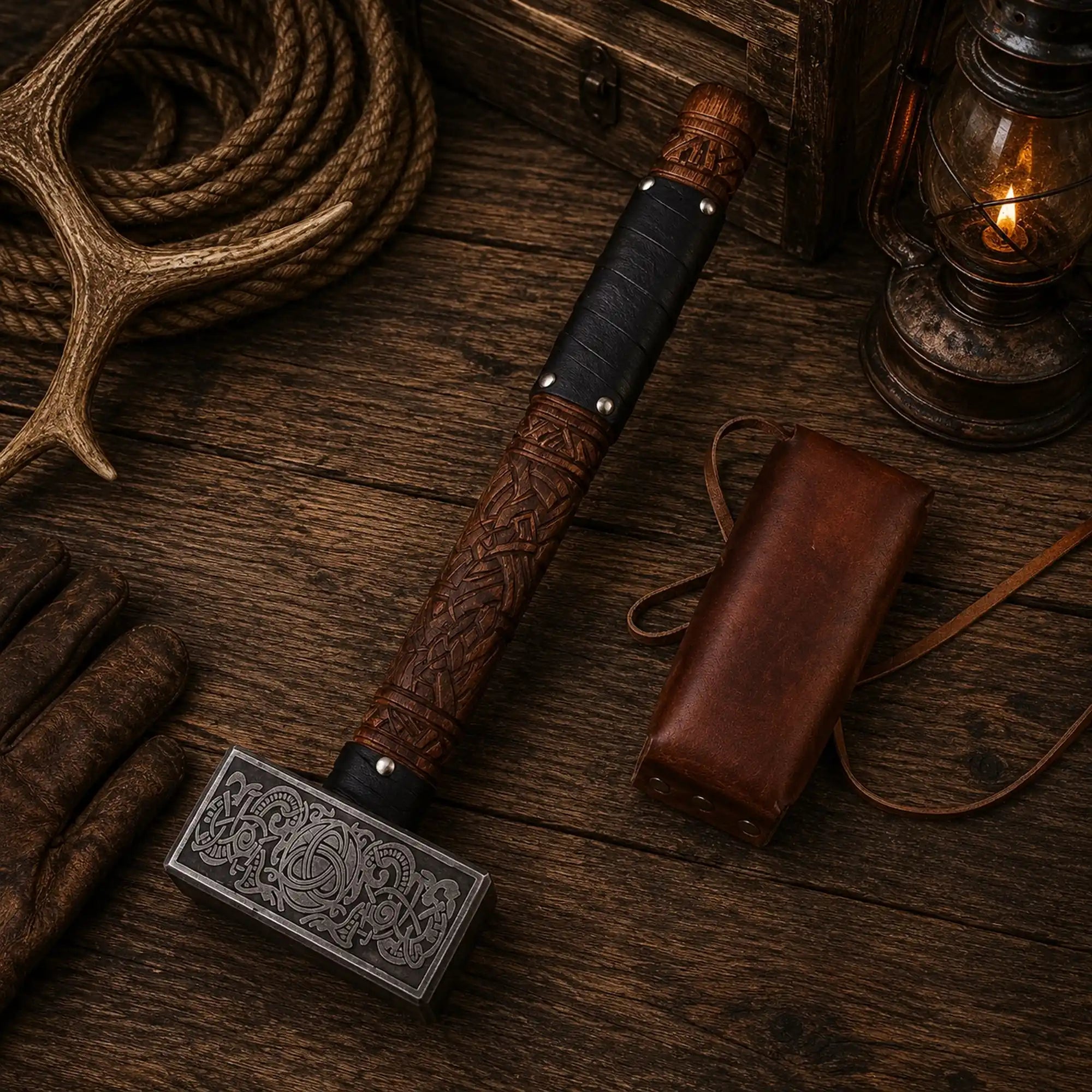 Norse mythology hammer featuring Nordic knotwork and leather grip
