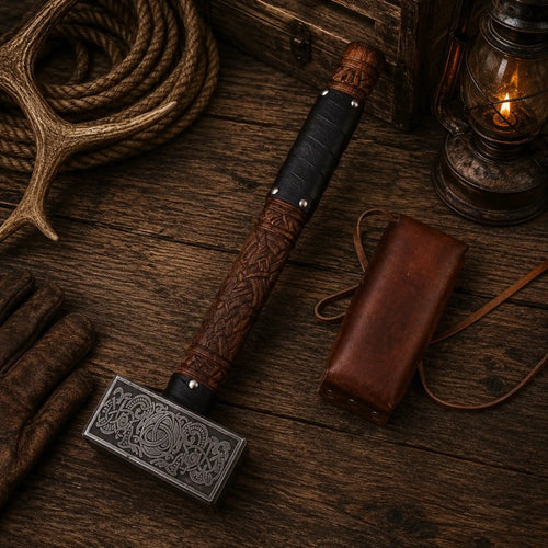 Norse mythology hammer featuring Nordic knotwork and leather grip
