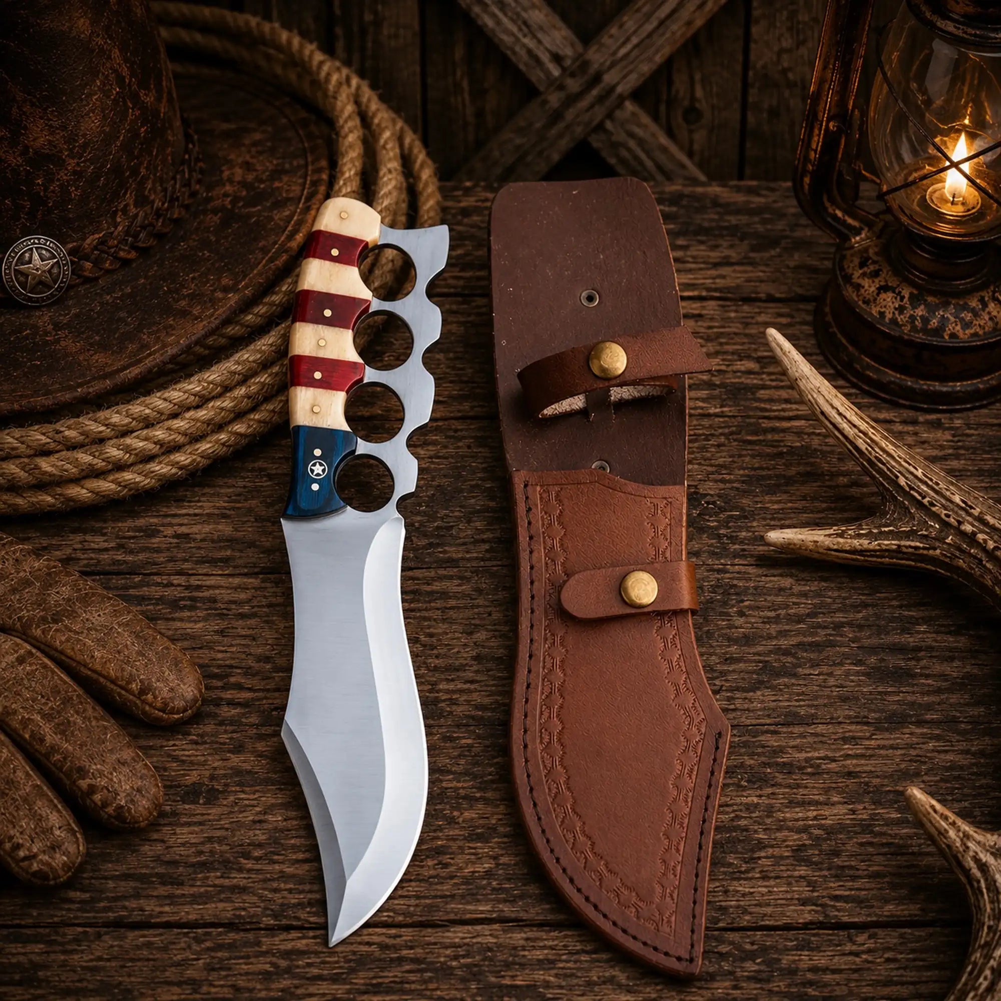 Thirteen-inch Bowie knife with Texas flag-colored handle scales