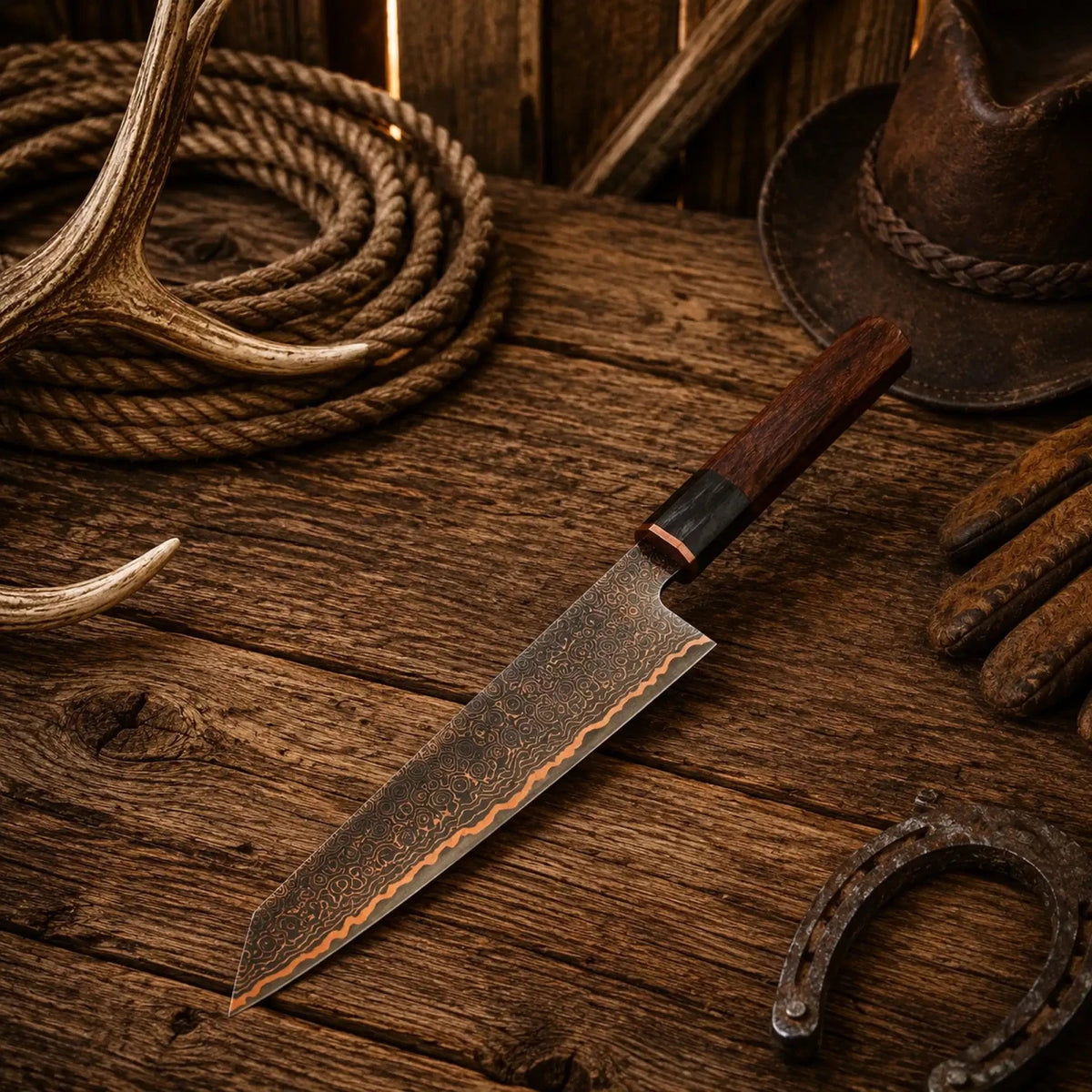 13.5″ Handmade Copper Damascus Gyuto Chef Knife – Rosewood Handle - SHAM KNIVESCopper Damascus Chef knifeSHAM KNIVES13.5-inch handmade Copper Damascus Gyuto chef knife