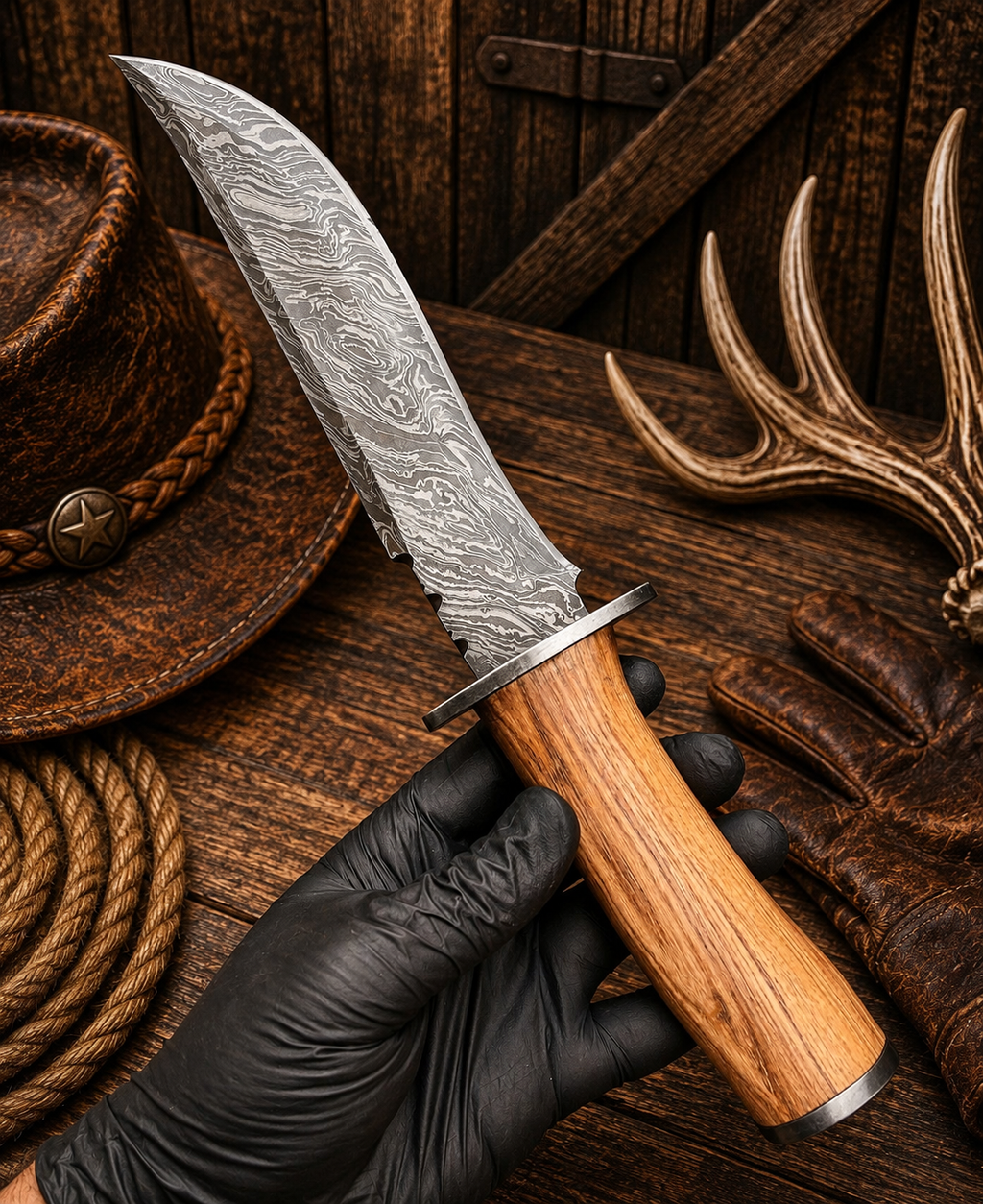 Fourteen-inch Western Bowie knife with a nine-inch Damascus blade