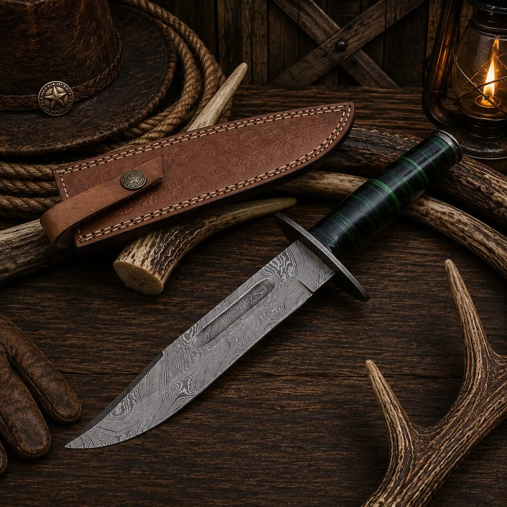 Fourteen-inch Bowie knife with a nine-inch patterned Damascus blade