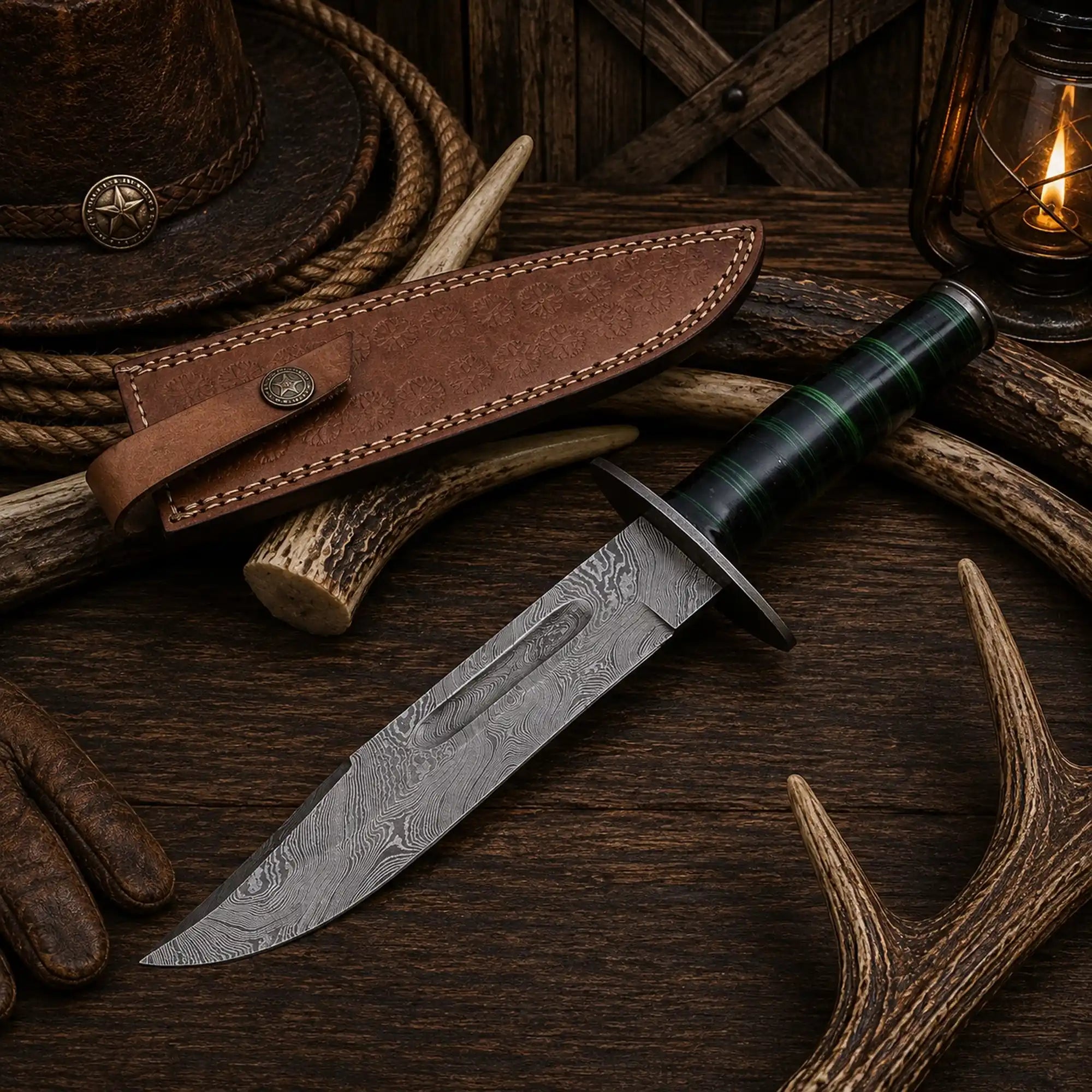 Fourteen-inch Bowie knife with a nine-inch patterned Damascus blade