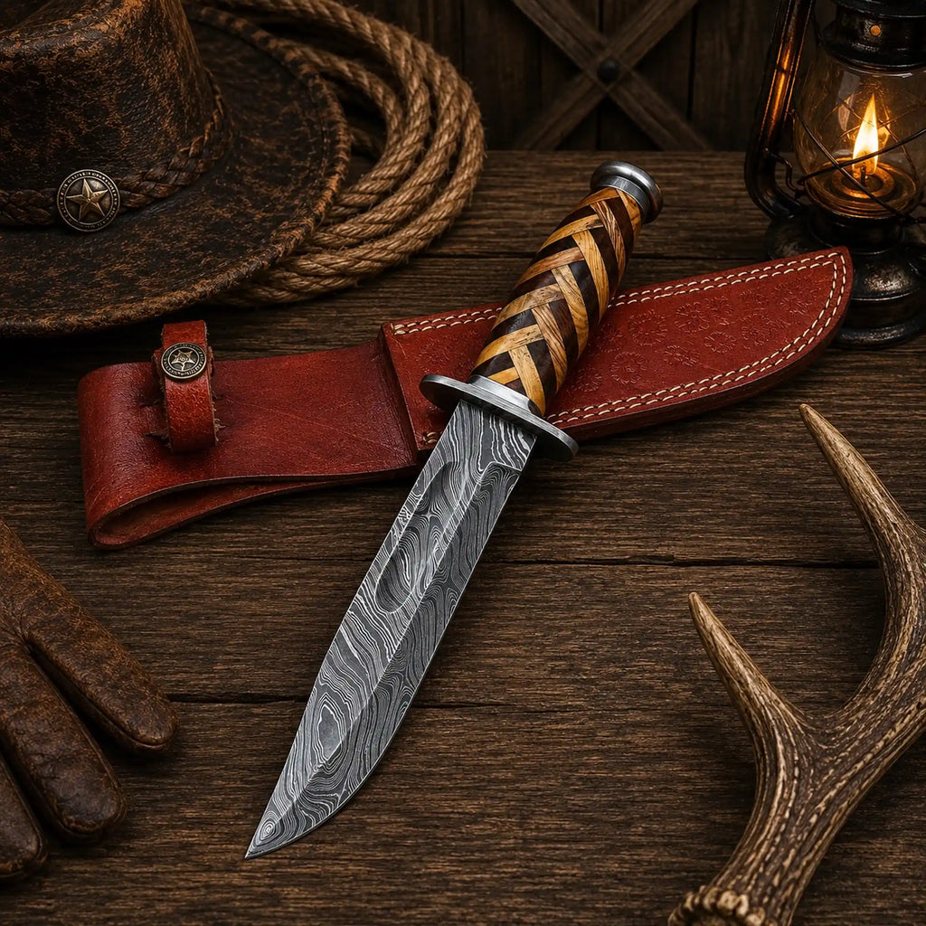 Fourteen-inch Bowie knife with a nine-inch patterned Damascus blade