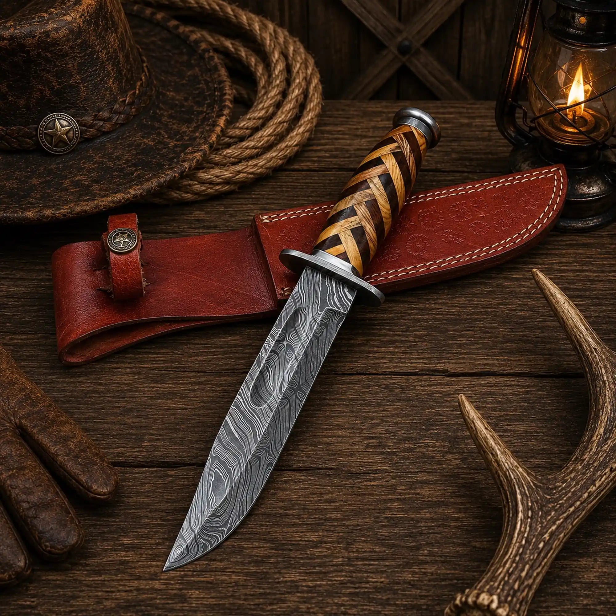 Fourteen-inch Bowie knife with a nine-inch patterned Damascus blade