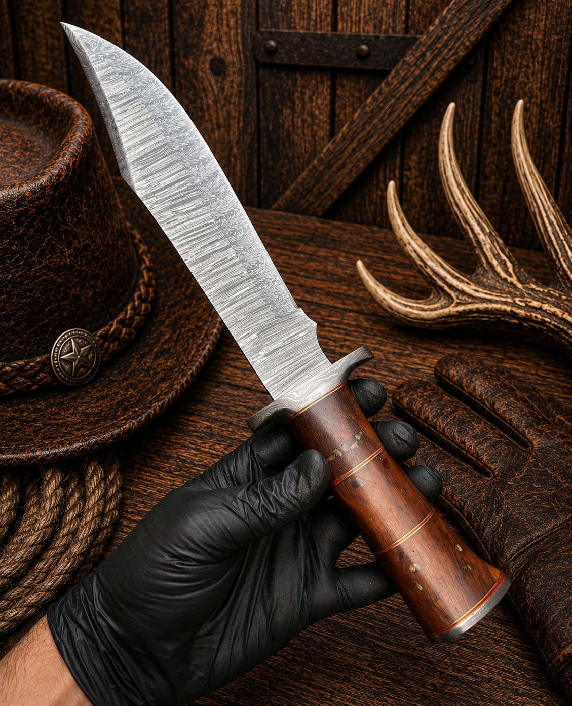 Fifteen-inch Bowie knife with a ten-inch patterned Damascus steel blade