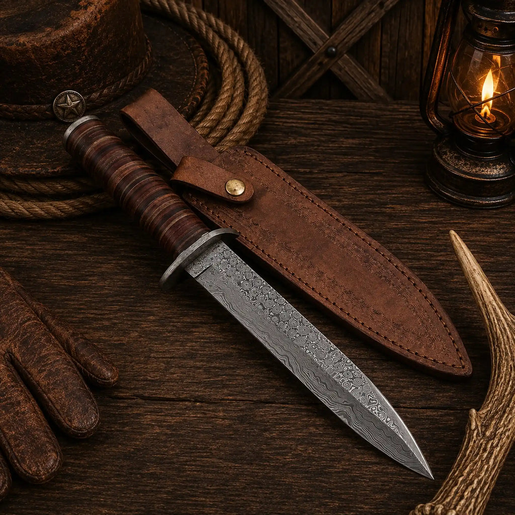 Fifteen-inch Bowie knife with a ten-inch patterned Damascus blade
