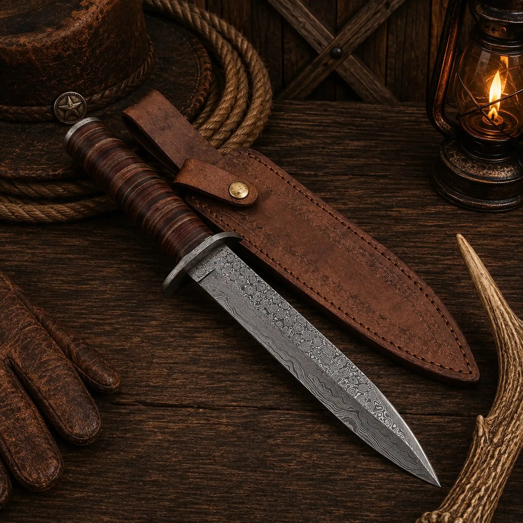 Fifteen-inch Bowie knife with a ten-inch patterned Damascus blade