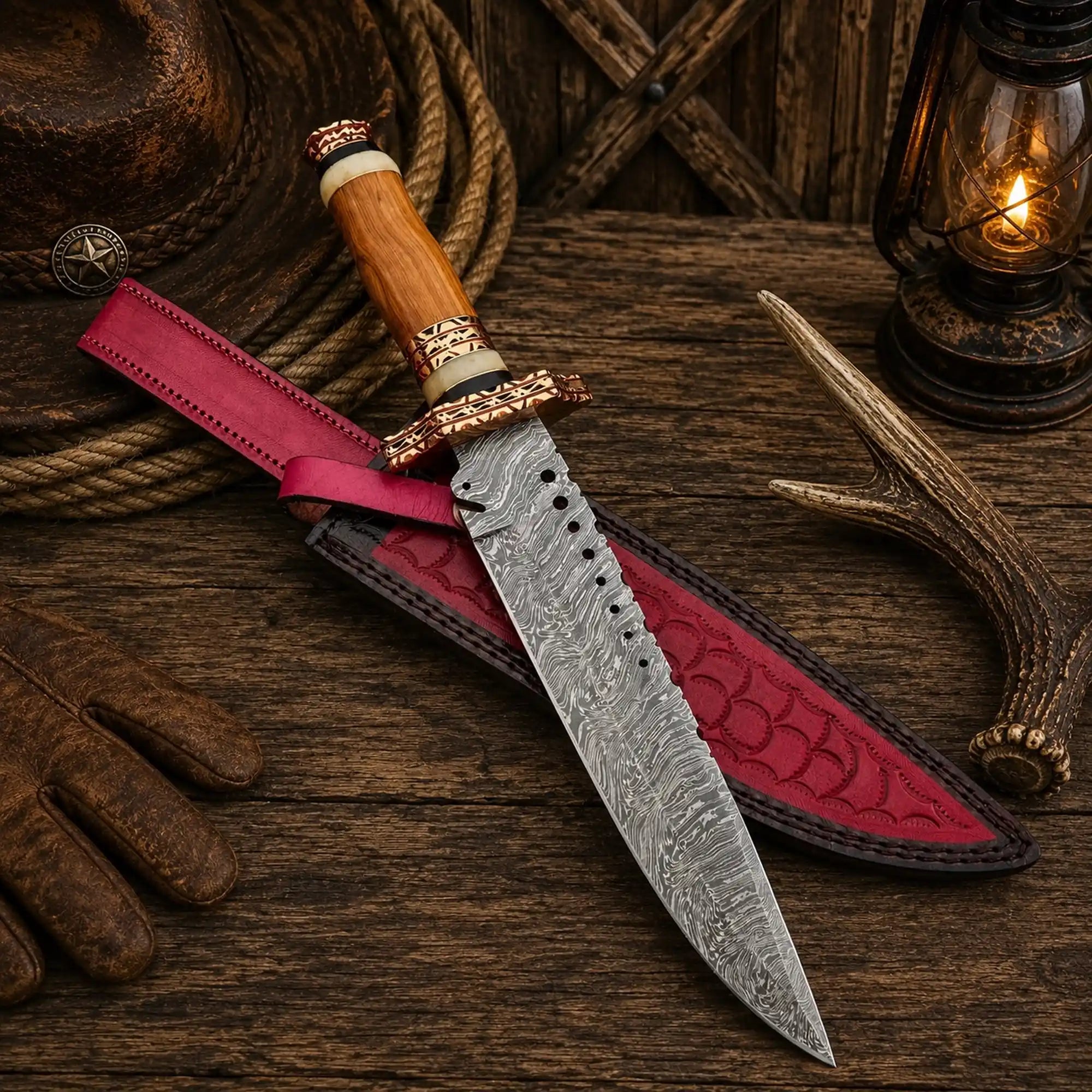 Fifteen-inch Bowie knife with a ten-inch patterned Damascus blade