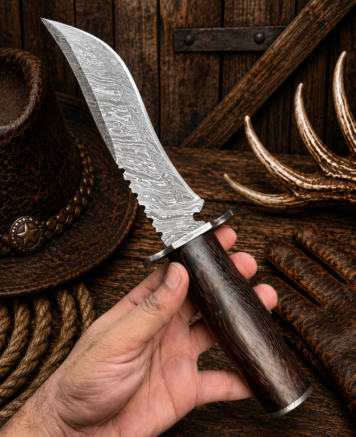 Fifteen-inch Bowie knife with a ten-inch patterned Damascus blade