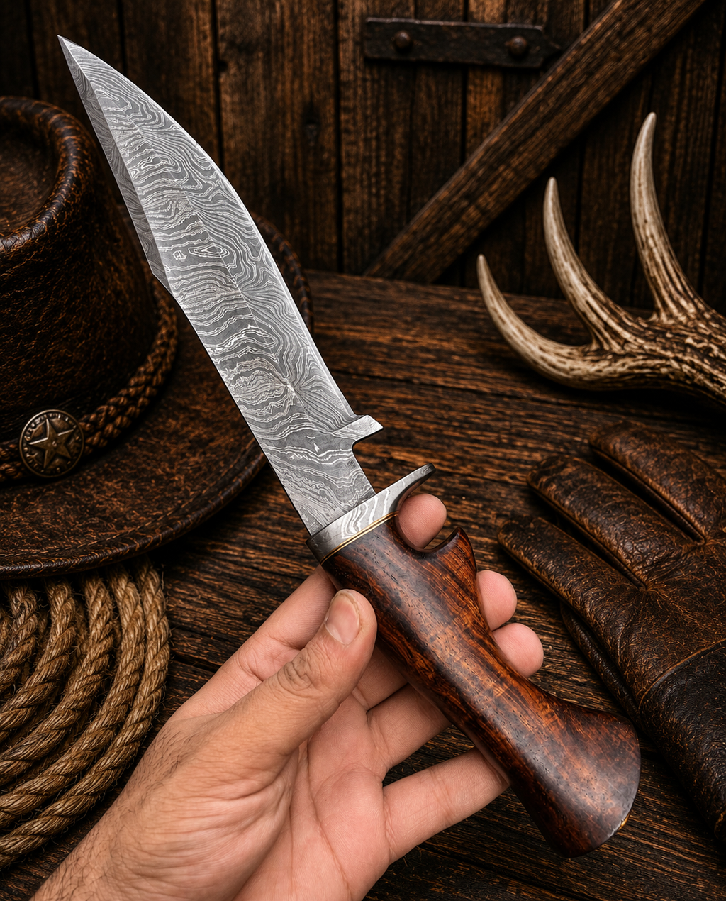 Fifteen-inch Bowie knife with a ten-inch patterned Damascus blade
