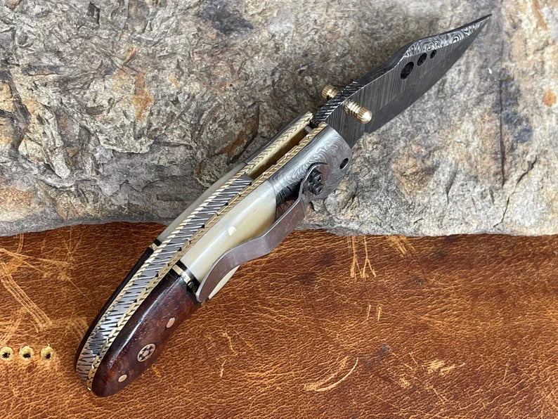 Damascus Steel Pocket Knife with Belt Clip Camel Bone Rose Wood Handle
